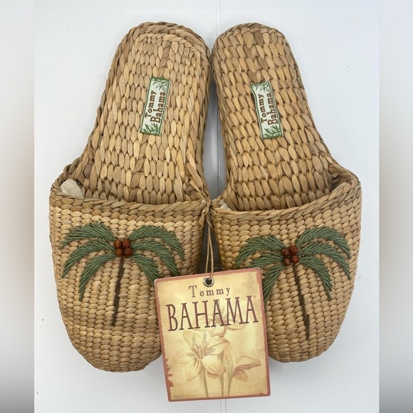 Tommy Bahama NWT Natural Woven Slippers with Green Palm Embroidery - Picture 4 of 6